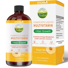 ESUNM Complete Liquid Multivitamin bottle with Peach Mango flavor supports daily energy.