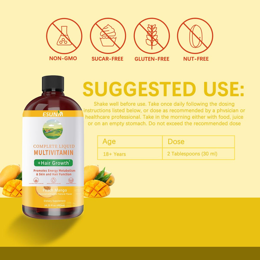 ESUNM Peach Mango flavor image highlights a tasty liquid multivitamin.