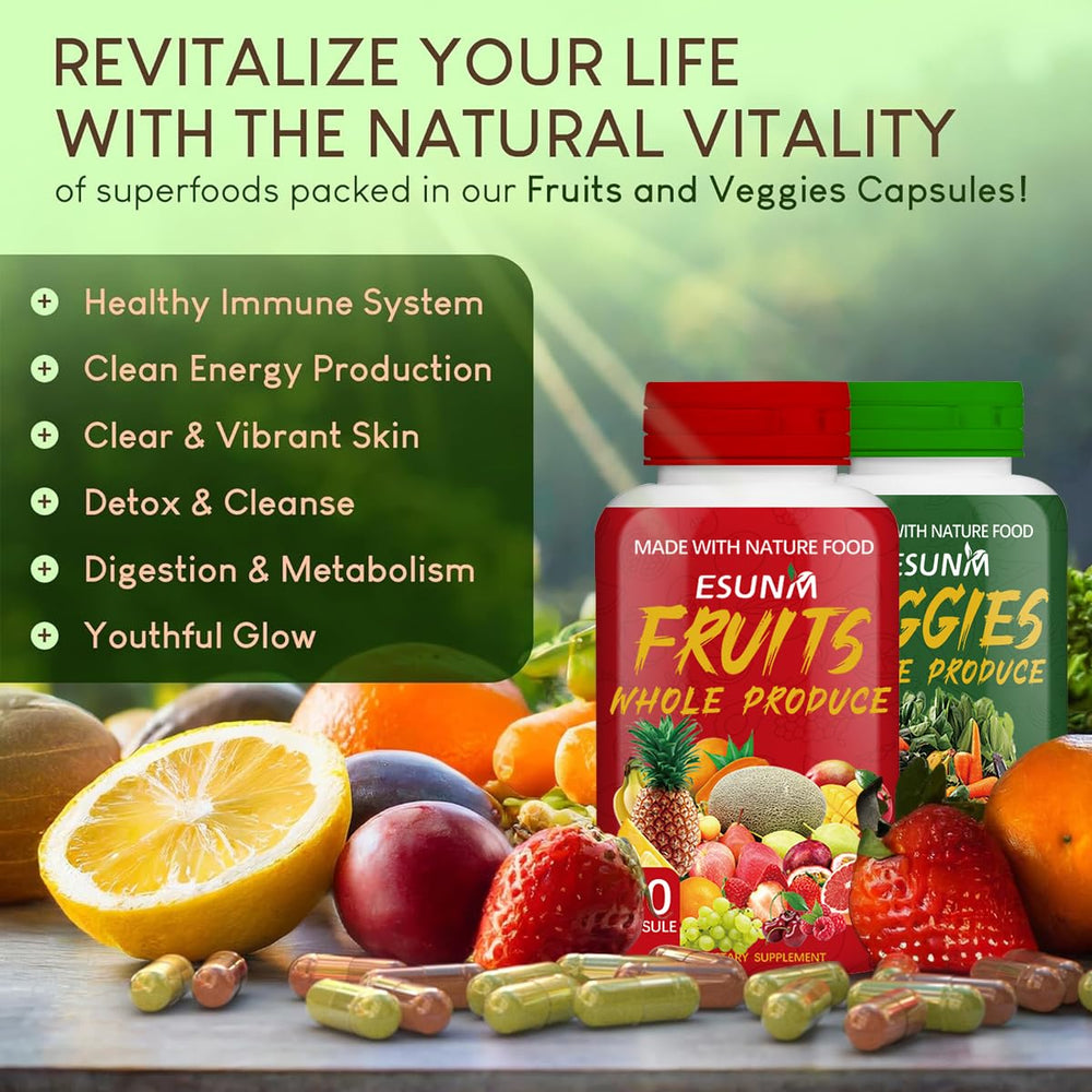 ESUNM ingredients chart illustrating 35+ fruits and vegetables