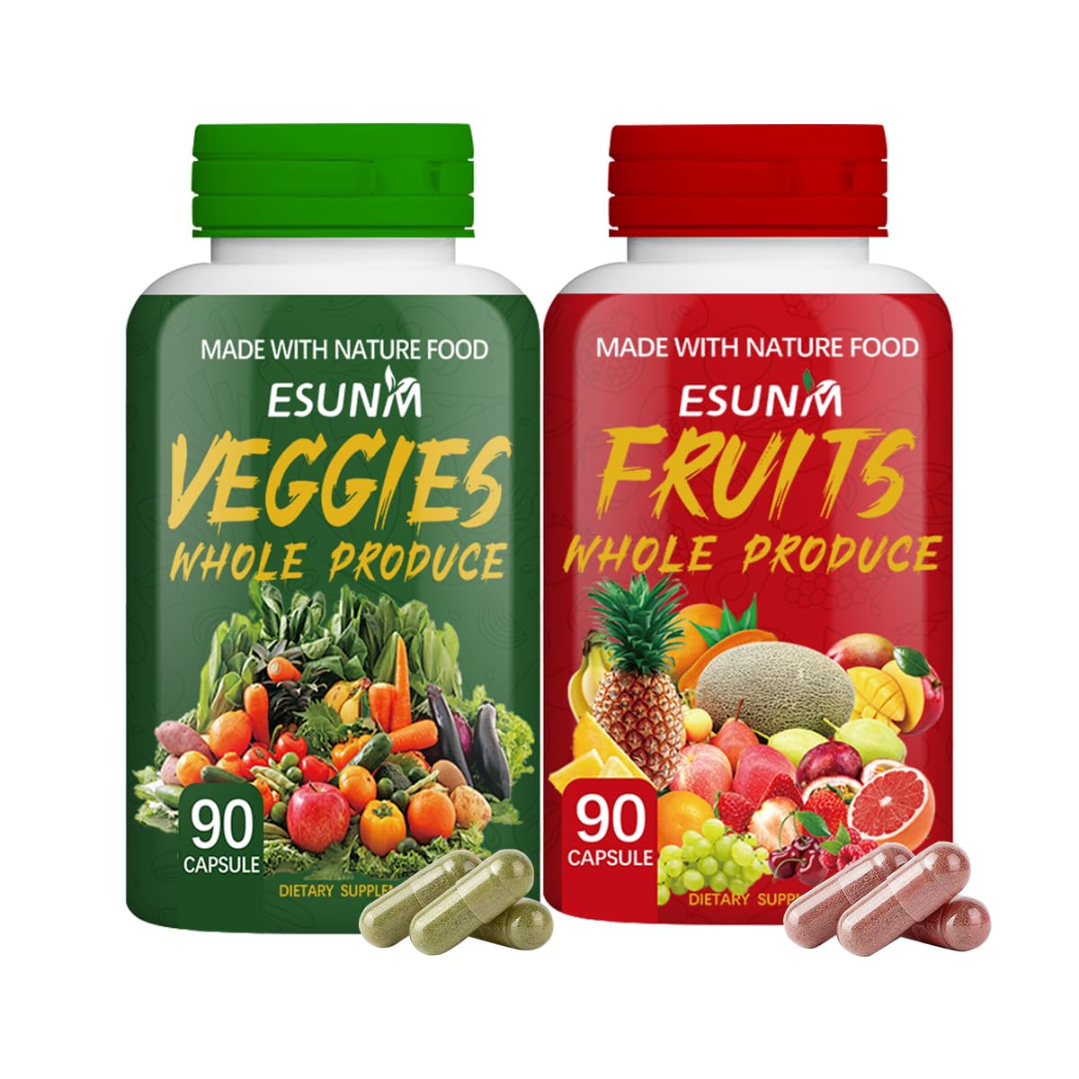 ESUNM Fruits and Veggies supplement bottle front showing two-pack packaging for daily energy and wellness