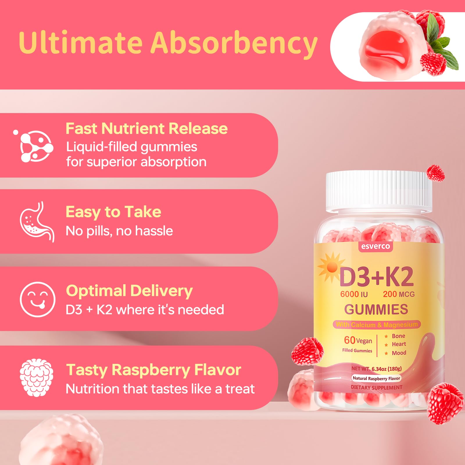 Esverco D3 K2 gummies showing calcium citrate and magnesium glycinate for bones and muscles