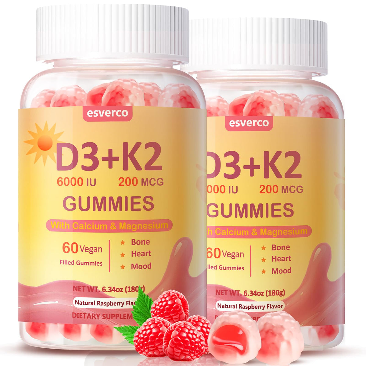 Esverco Vitamin D3 K2 Gummies bottle in raspberry flavor promoting bone and teeth wellness