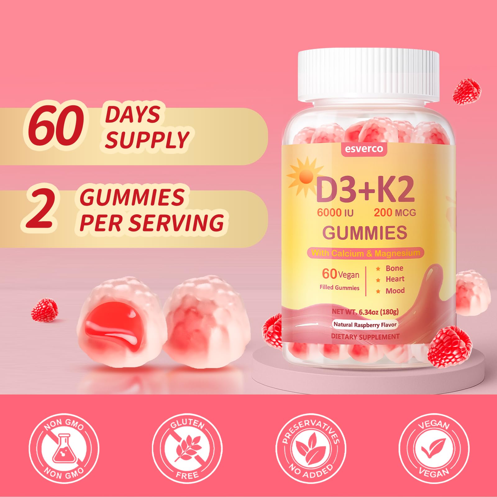 Esverco D3 K2 gummies highlighting strong bones and teeth benefits