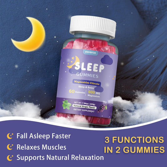 esverco Sleep Gummies bottle back with ingredients and dosage info for informed use.
