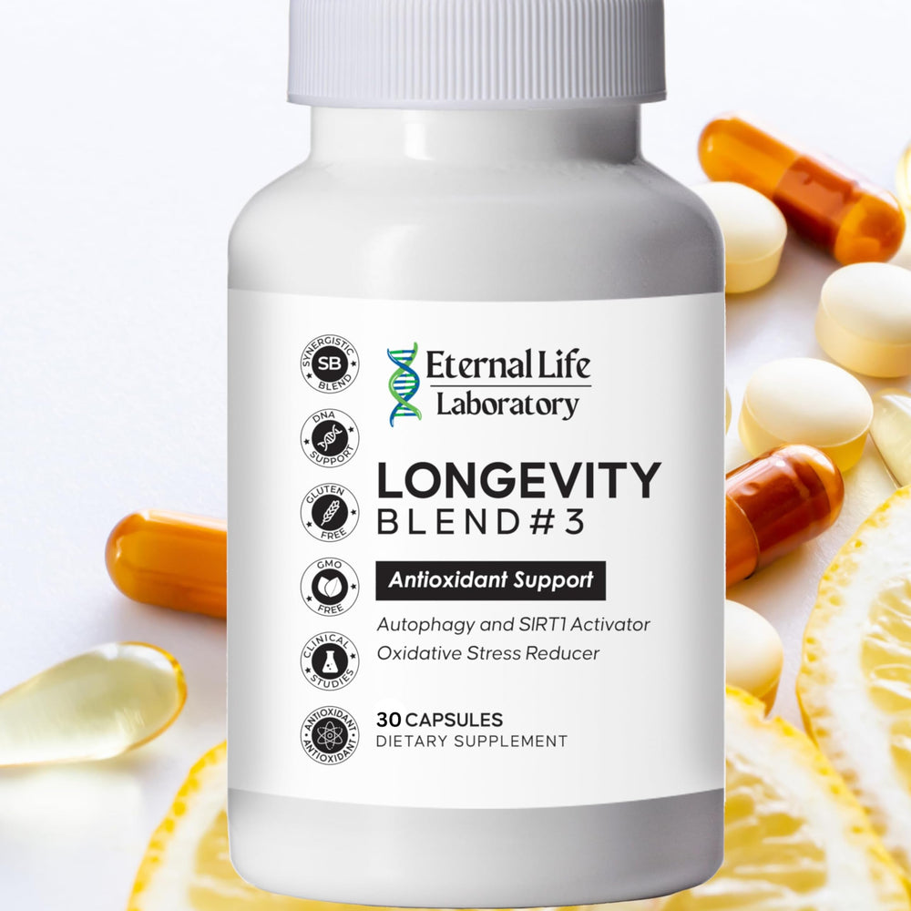 Eternal Life Laboratory Longevity Blend 3 bottle with label highlighting antioxidant support.