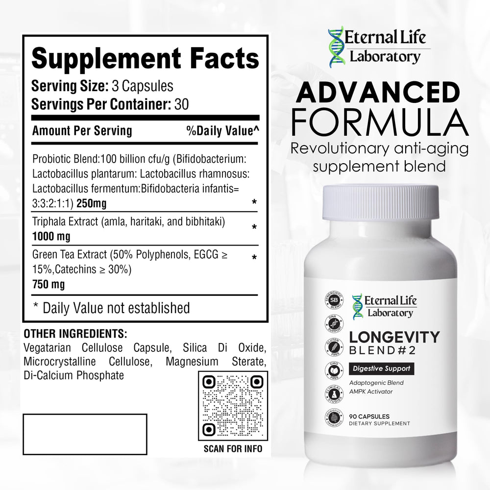 Close-up of Eternal Life Laboratory probiotic capsules for daily use