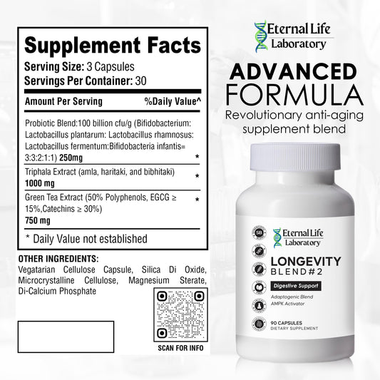 Close-up of Eternal Life Laboratory probiotic capsules for daily use