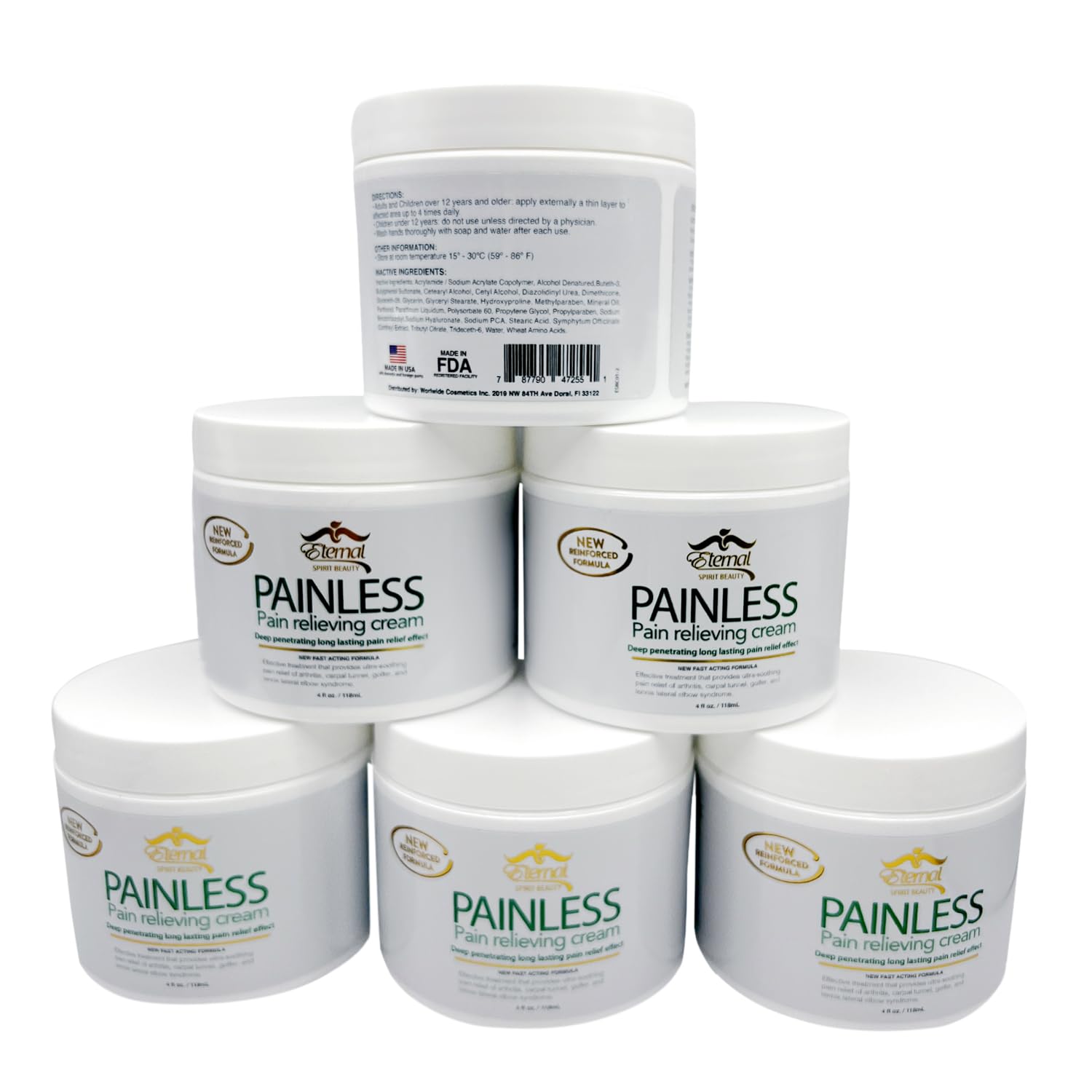 Six-pack packaging of Eternal Spirit Beauty Painless Relieving Cream for home and travel