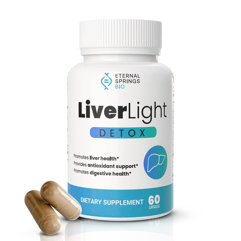 Eternal Springs Bio LiverLight Detox bottle on a clean counter for daily liver support.