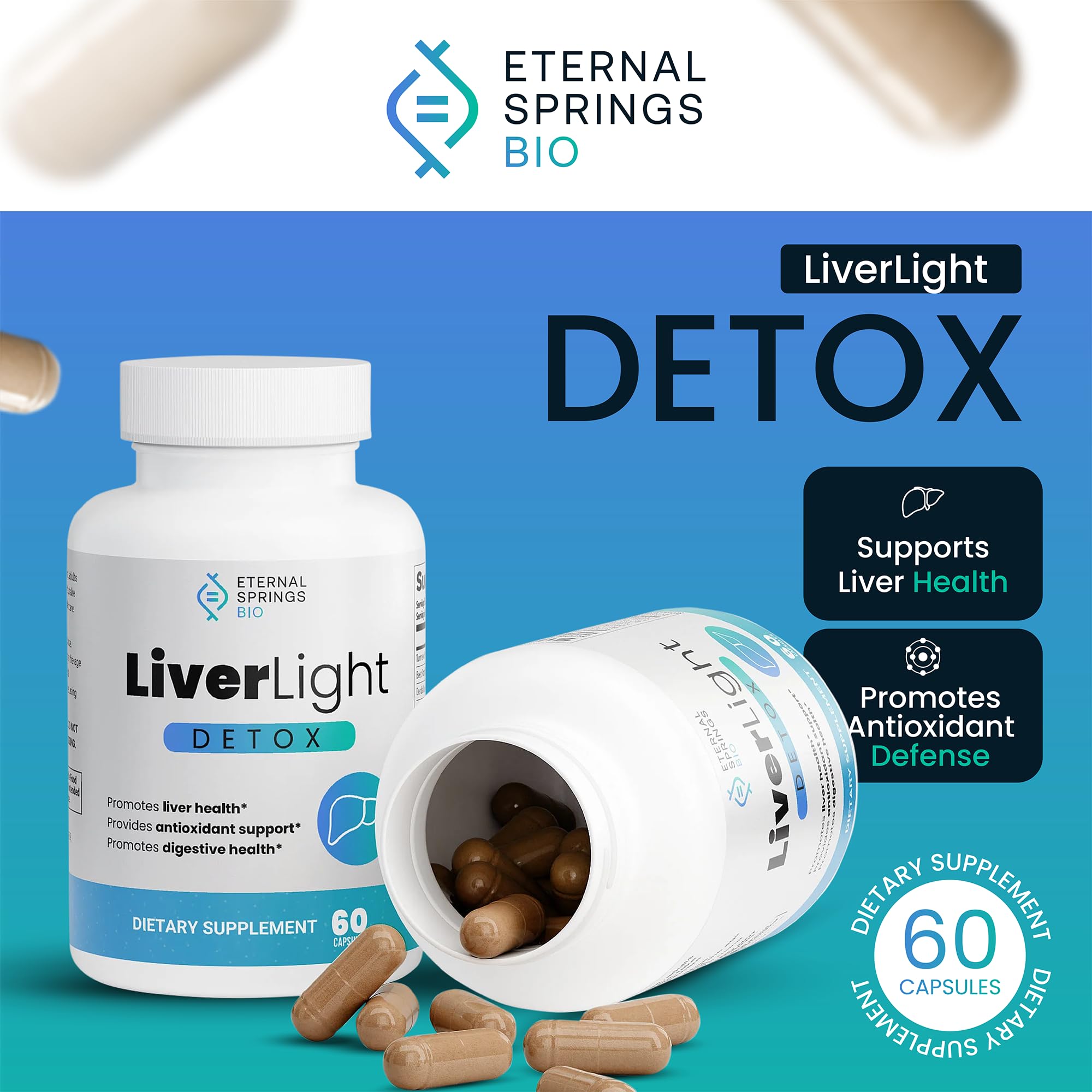 Close-up of LiverLight Detox capsules highlighting plant-based ingredients.