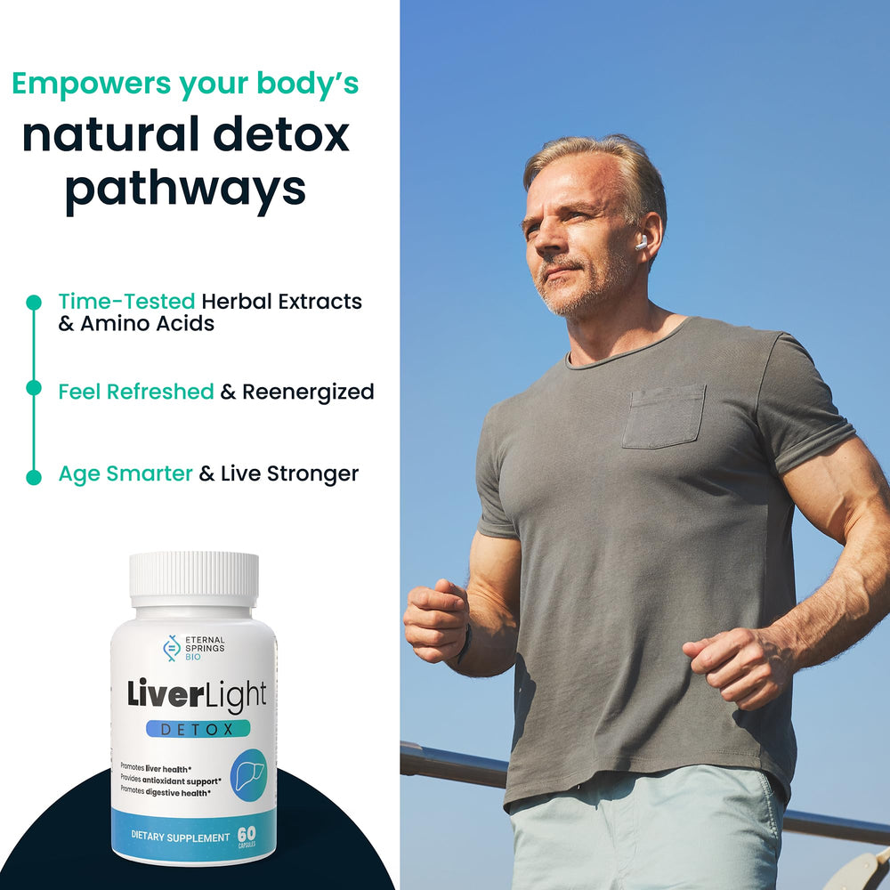 Eternal Springs Bio LiverLight Detox on nightstand with routine wellness setup.