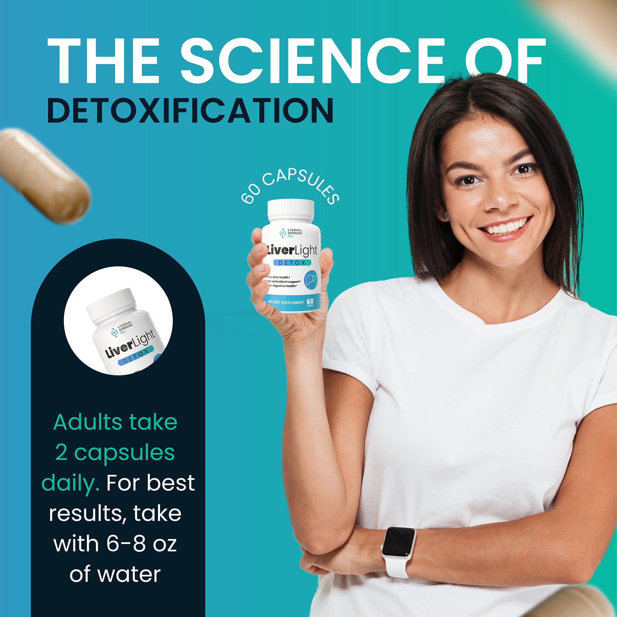 Eternal Springs Bio LiverLight Detox bottle being poured into a glass.