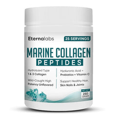 Eternalabs collagen peptides bottle highlighting wild-caught fish sourcing for skin support