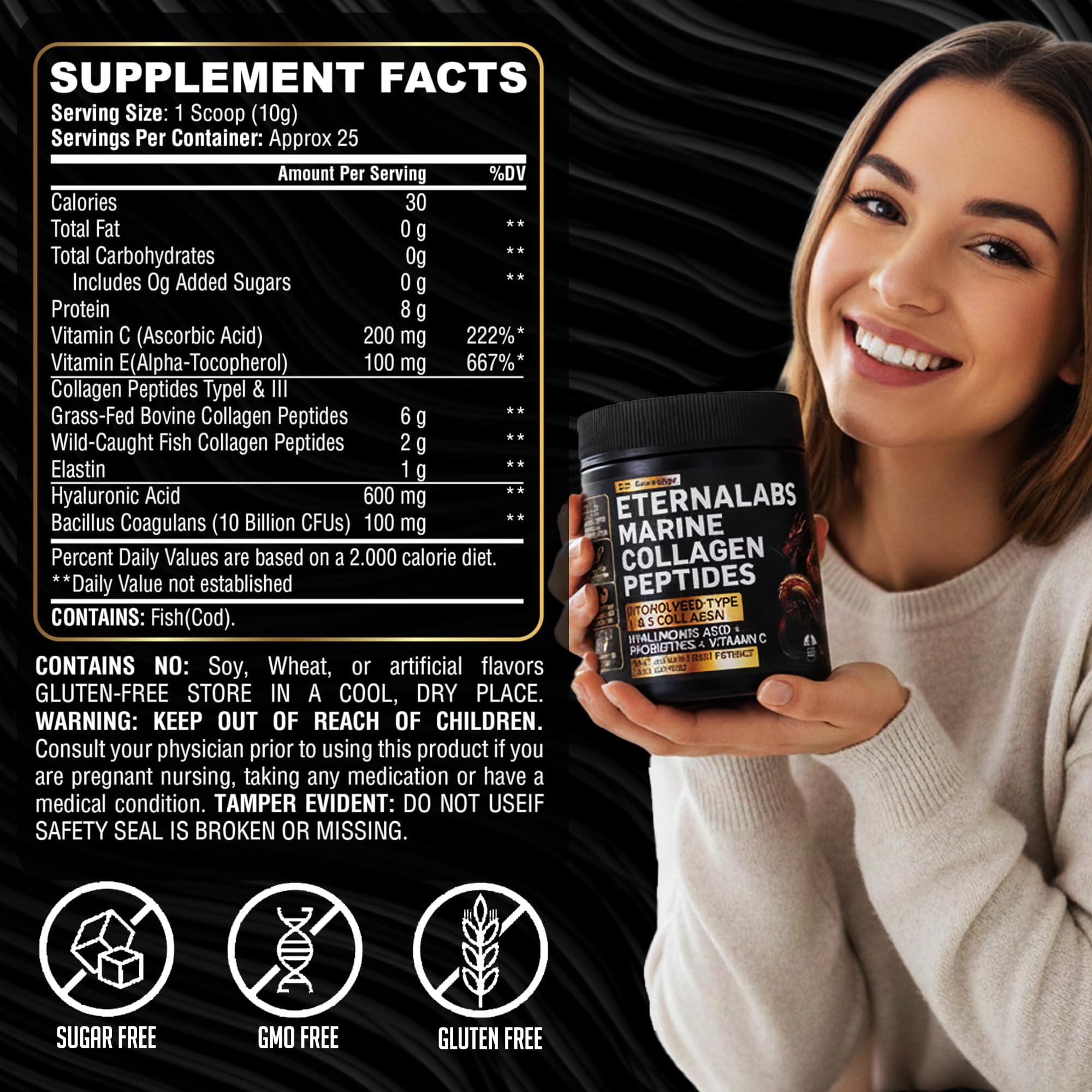 Eternalabs hyaluronic acid 600mg bottle emphasizes hydration support in the formula