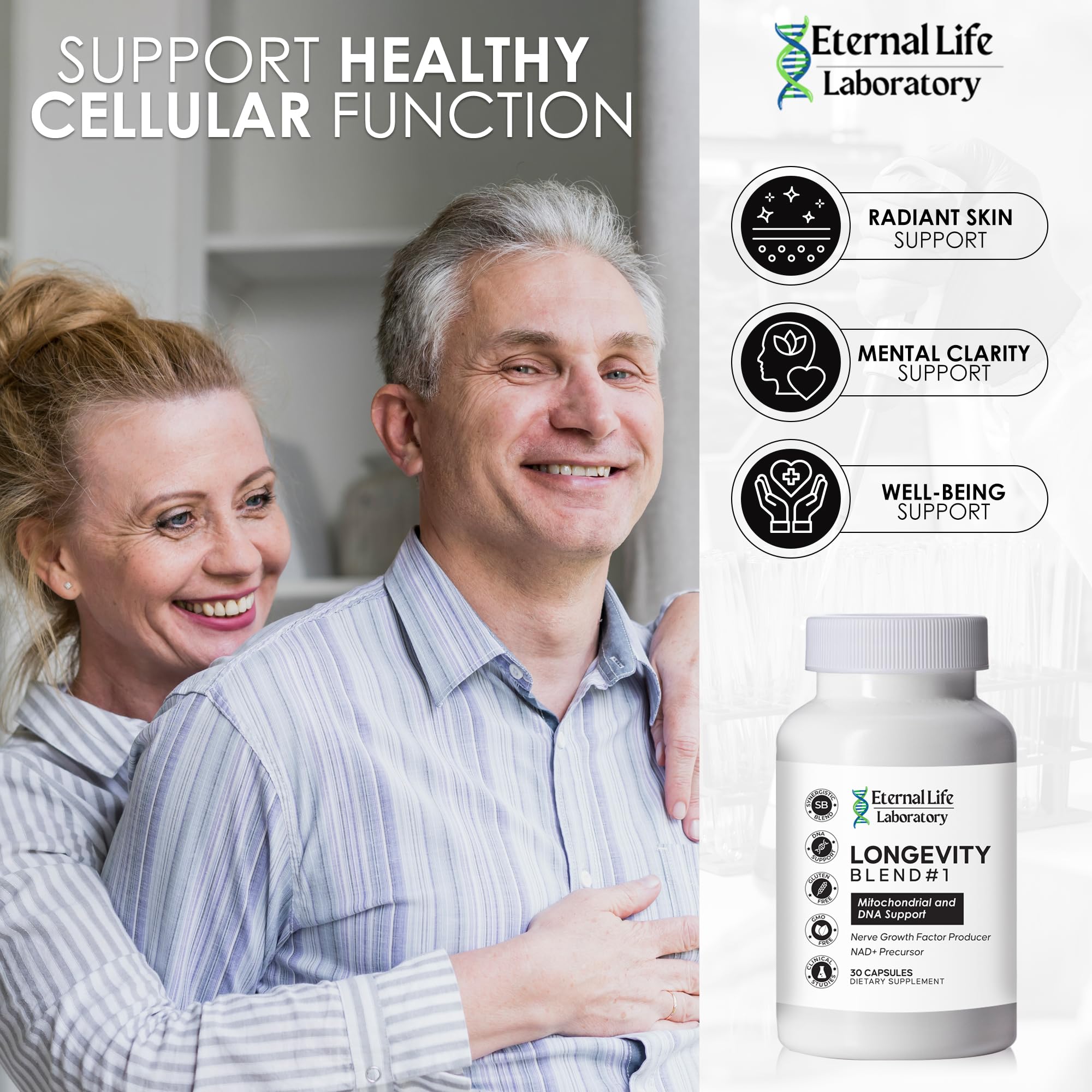Eternal Life Laboratory packaging displays purity and GMP-certified manufacturing.