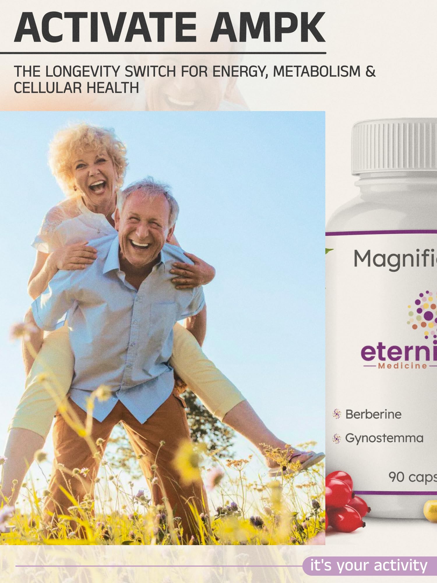 Eternity Medicine Rx ingredient panel with vitamin C and zinc for immune support.
