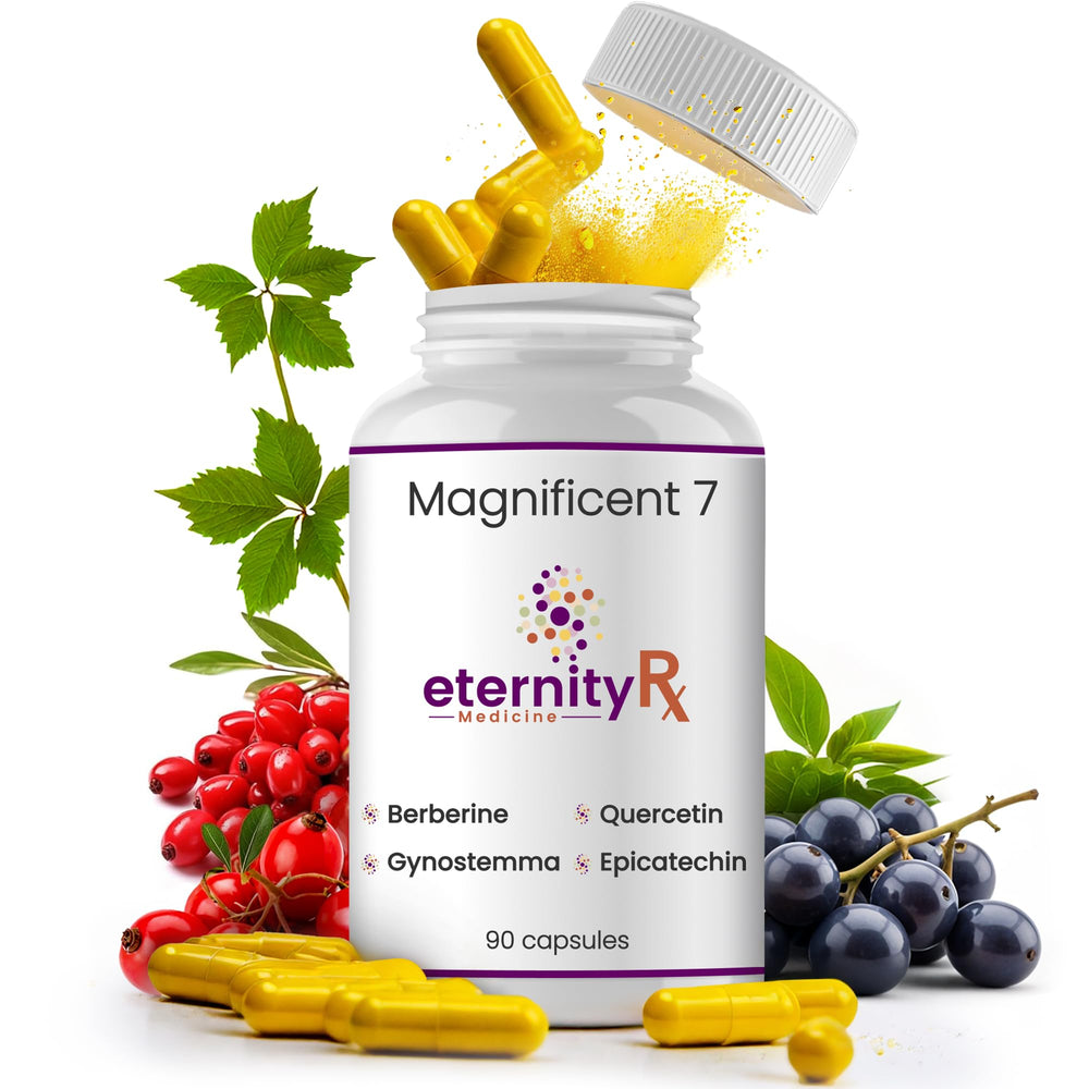 Eternity Medicine Rx resveratrol-dihydroberberine-quercetin capsules support cellular vitality.