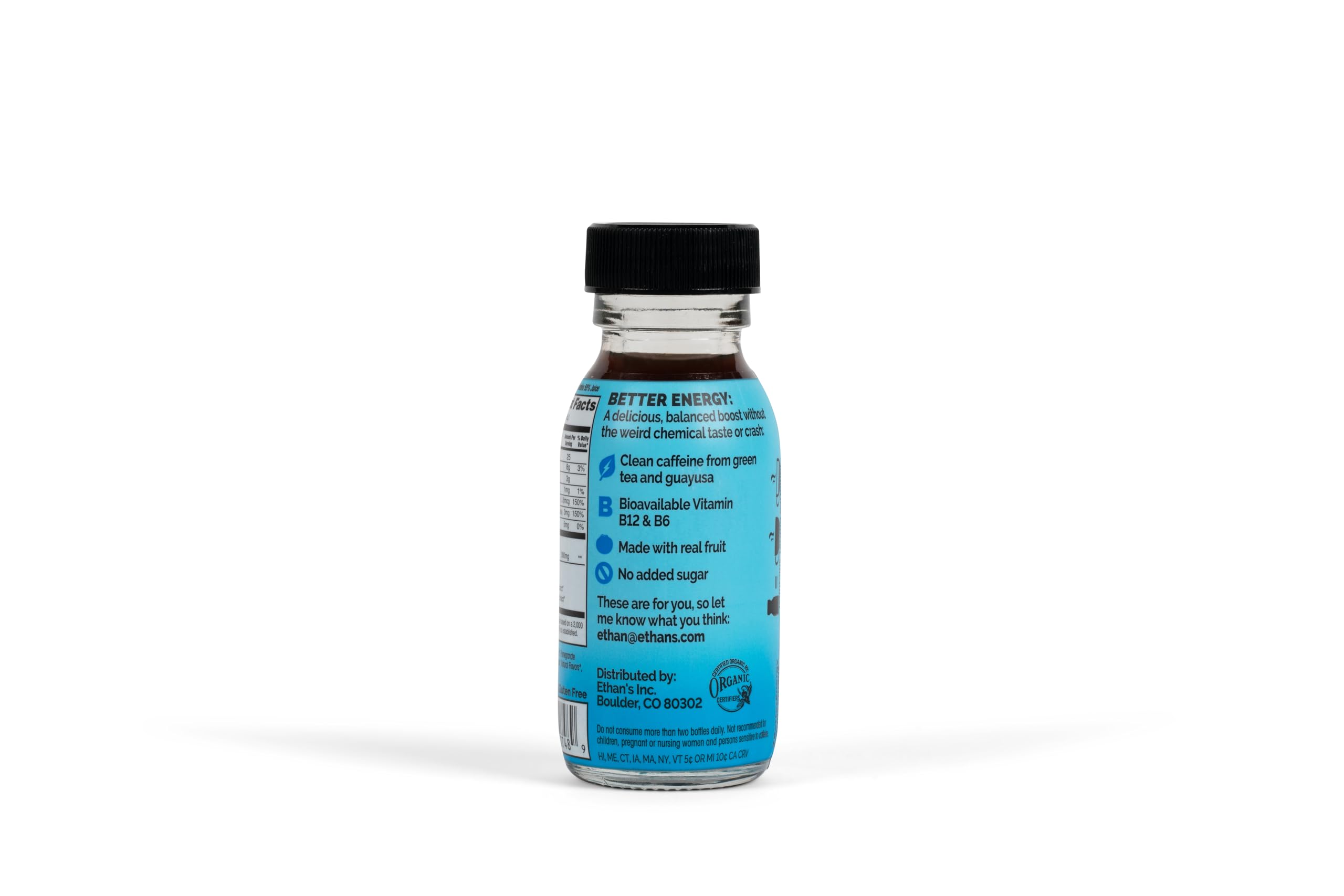 Compact 2oz shot packaging by Ethan's enables portable daily energy.
