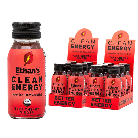 Ethan's Organic Clean Energy Shot bottle featuring tart cherry and ginger for a clear focus boost.