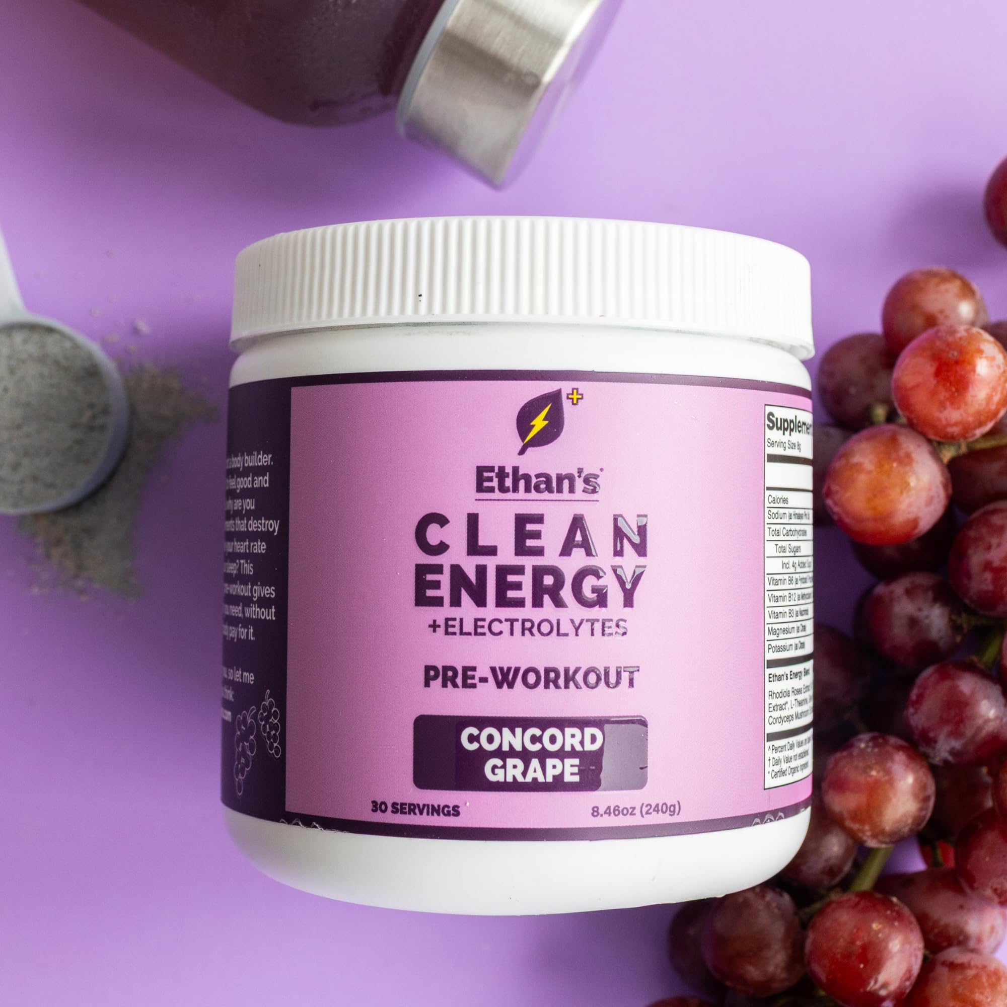 Close-up of Ethan's Feel Good label showing Concord Grape flavor and clean ingredients