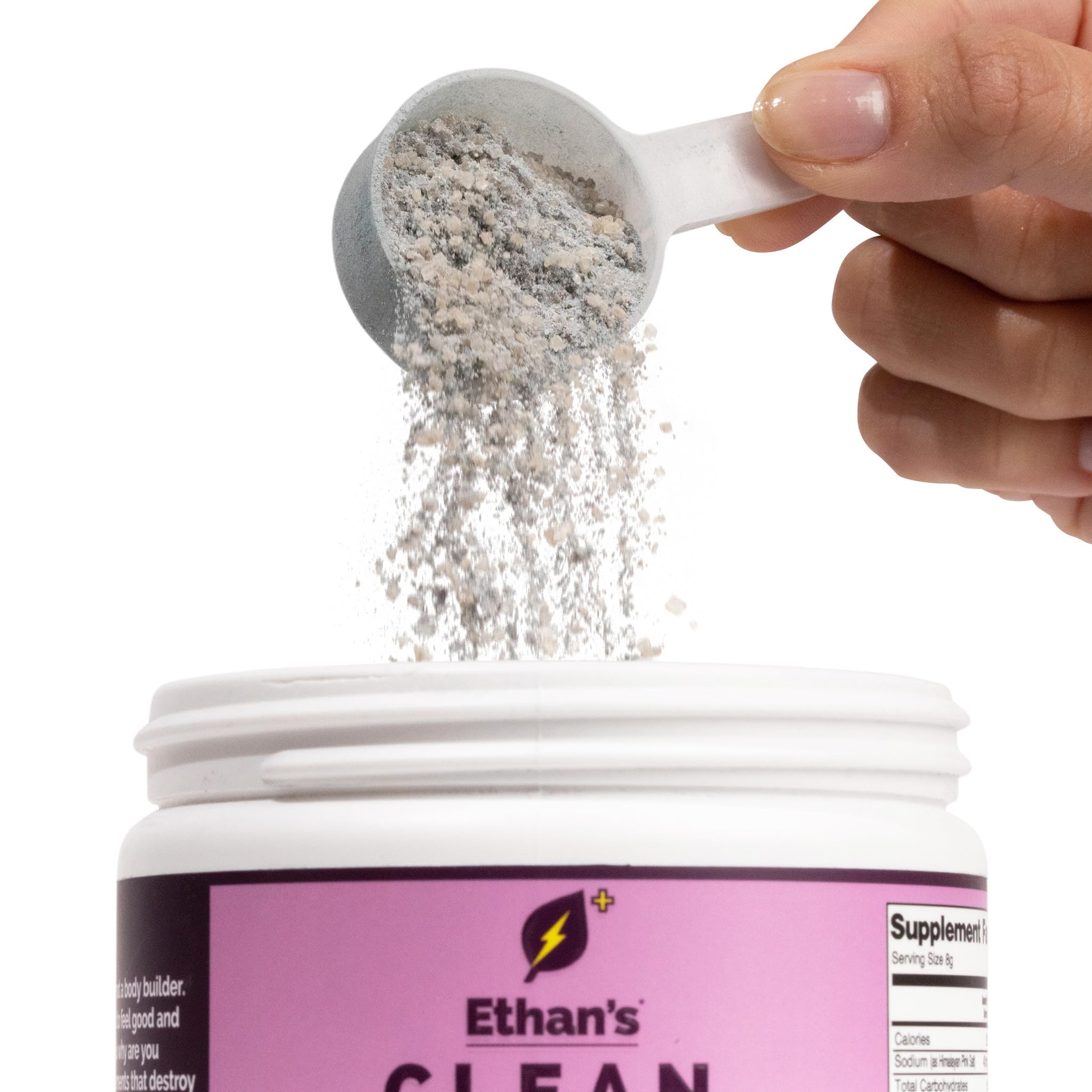 Scooping Ethan's powder beside ingredients highlights natural caffeine and electrolytes