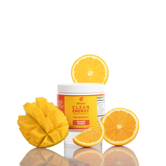 Ethan's Feel Good pre-workout orange mango tub open, measuring powder.