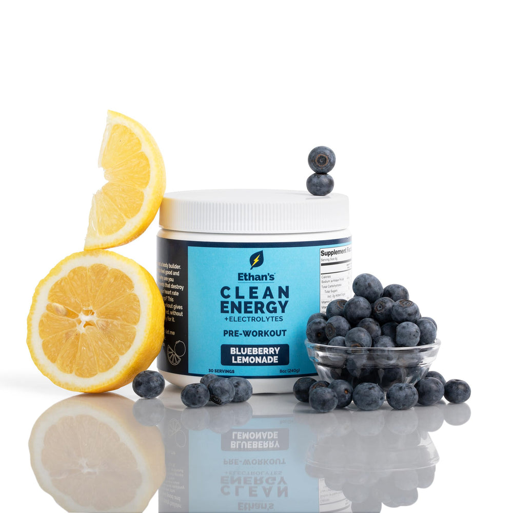 Ethan's Feel Good pre-workout tub with Blueberry Lemonade for sustained energy during workouts