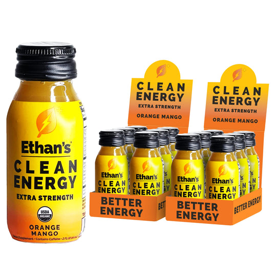 Ethans Orange Mango energy shot bottle highlighting organic ingredients for clean morning focus.