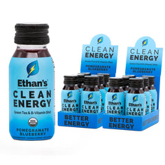 Ethan's Organic Clean Energy Shot bottle with pomegranate-blueberry flavor for on-the-go focus.