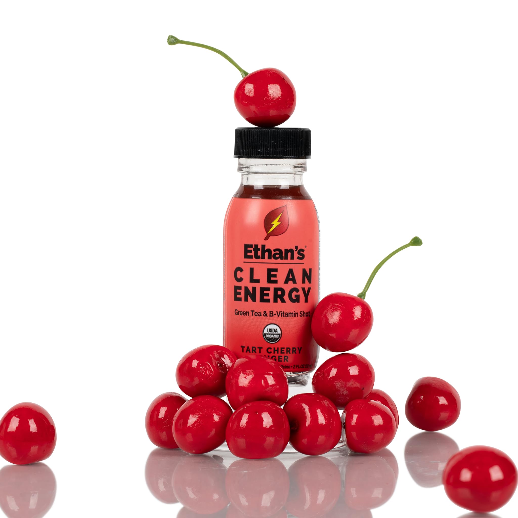 Ethan's energy shot label highlights organic caffeine from green tea and guayusa.