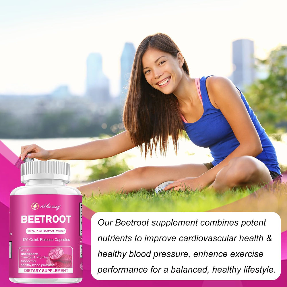 Package design highlights vegan, natural beetroot supplement.