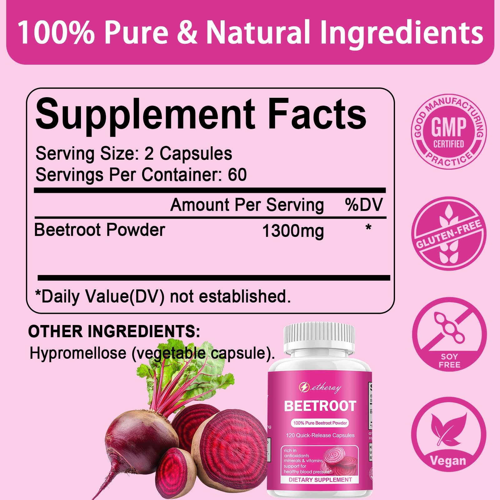Close-up of Etheray capsules with 1300mg beetroot label.