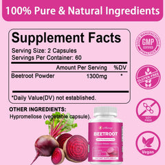 Close-up of Etheray capsules with 1300mg beetroot label.