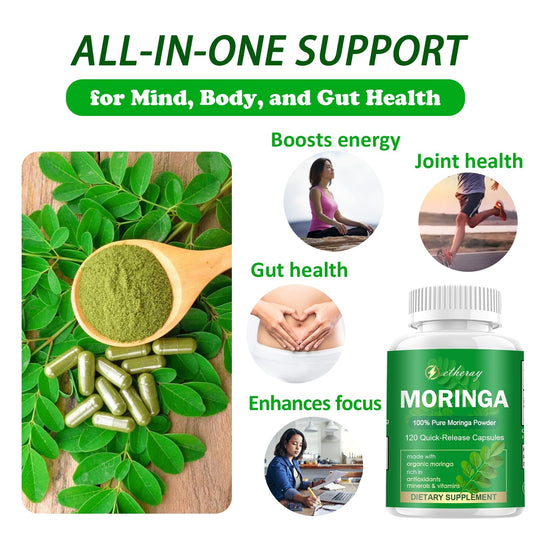 etheray Moringa capsules label close-up showing nutrient-rich formula.