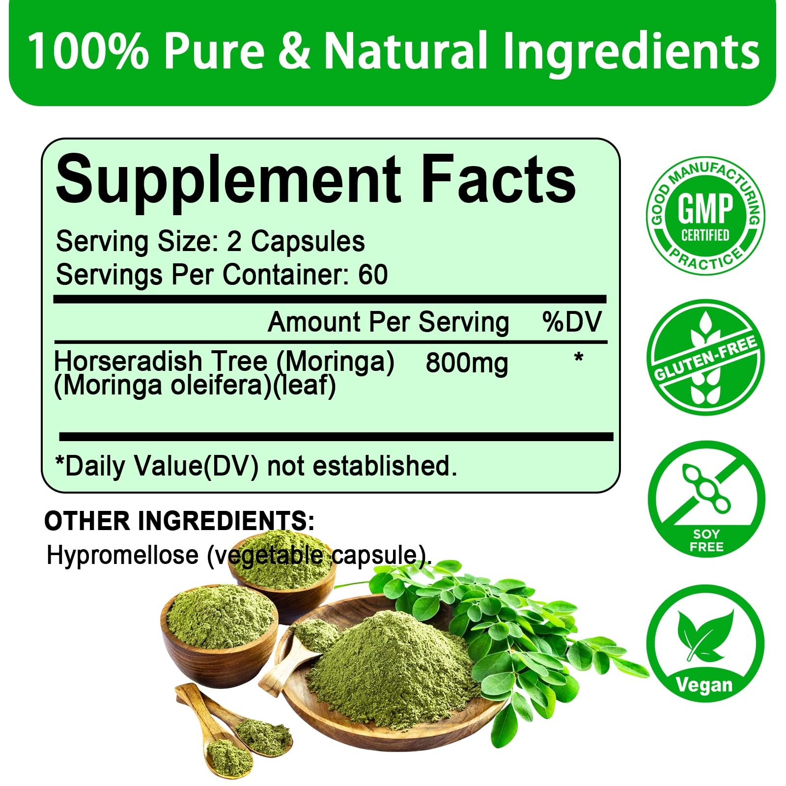etheray Moringa packaging box highlighting allergen-free ingredients.