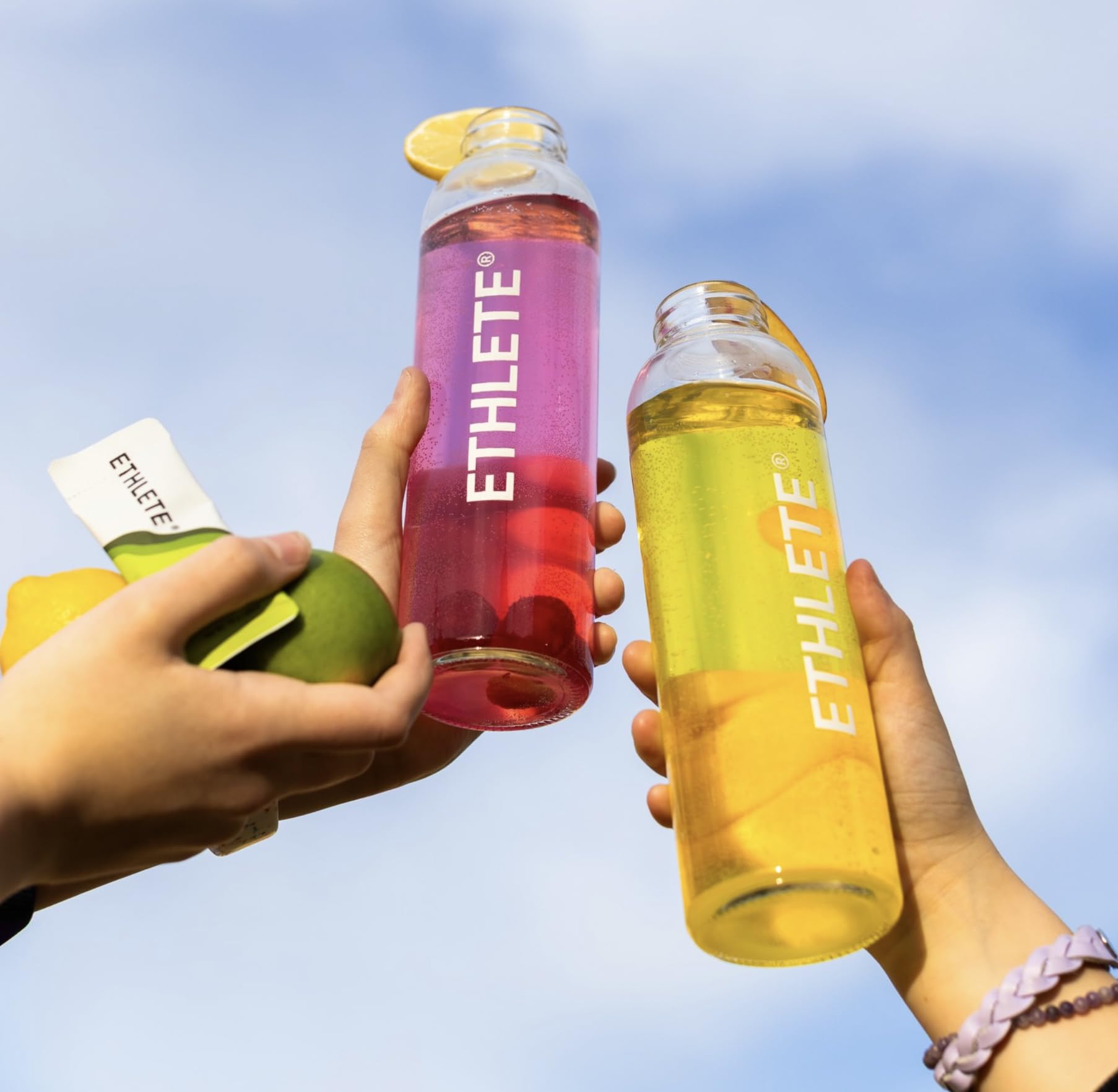 Ethlete Electrolytes powder on sports bag, convenient daily hydration.