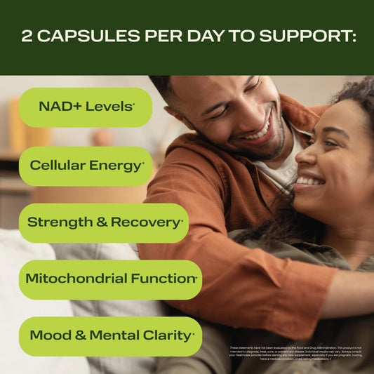 Ethlete NAD+ capsules closeup highlighting NR for sustained energy.