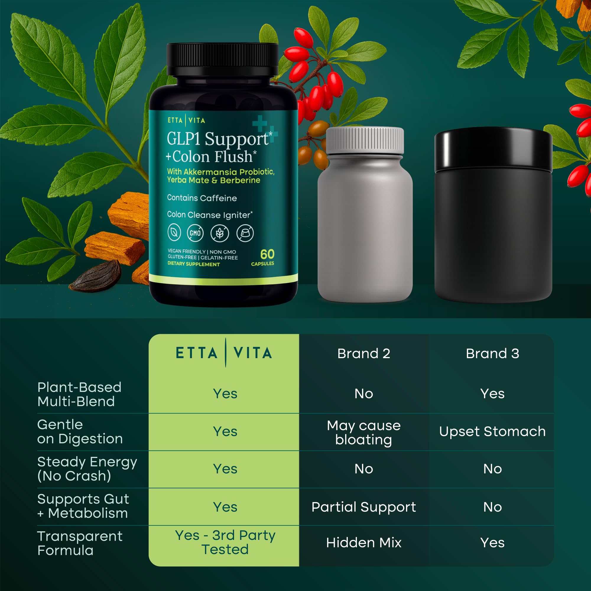 Etta Vita Akkermansia probiotic bottle promoting gut balance benefits.