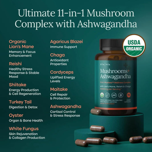Etta Vita Ashwagandha mushroom capsules for adaptogenic balance.