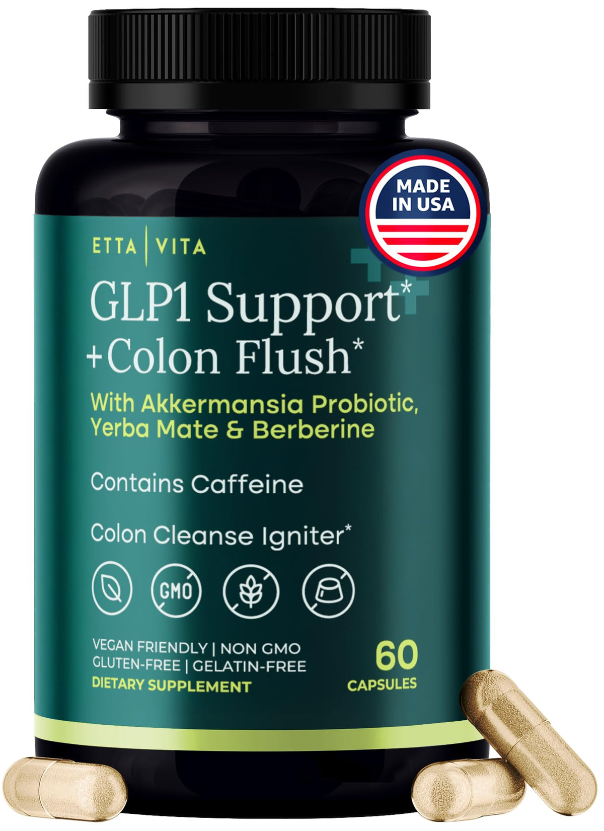 Etta Vita Colon Cleanse bottle close-up highlighting daily digestive support.