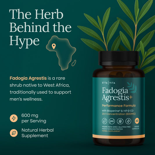 Etta Vita Fadogia Agrestis 600mg bottle back label visible for transparency.
