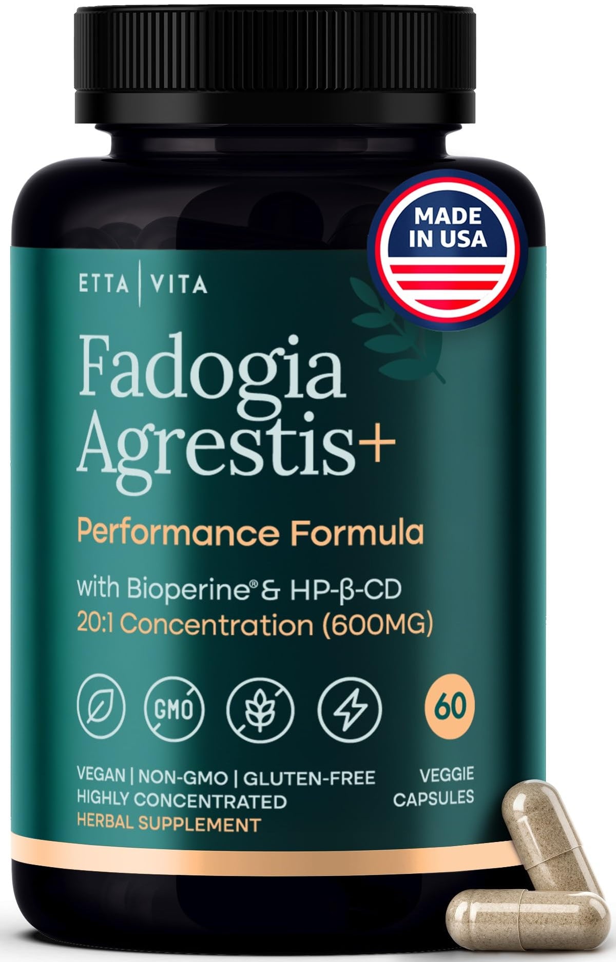 Etta Vita Fadogia Agrestis 600mg bottle front view for easy daily use.