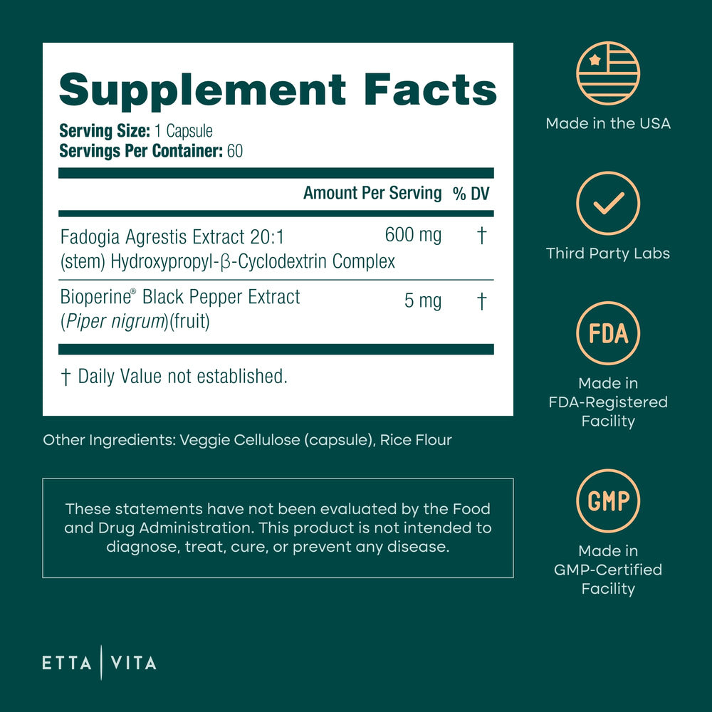 Etta Vita Fadogia Agrestis 600mg ingredients panel for clarity and quality.