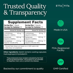 Etta Vita label highlights Nattokinase, Serrapeptase, and Lumbrokinase enzymes