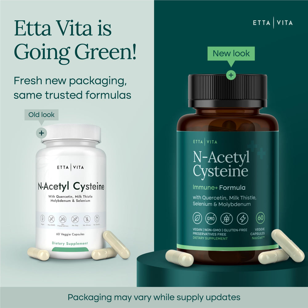 Etta Vita NAC capsules close-up highlighting 600mg dose with quercetin.
