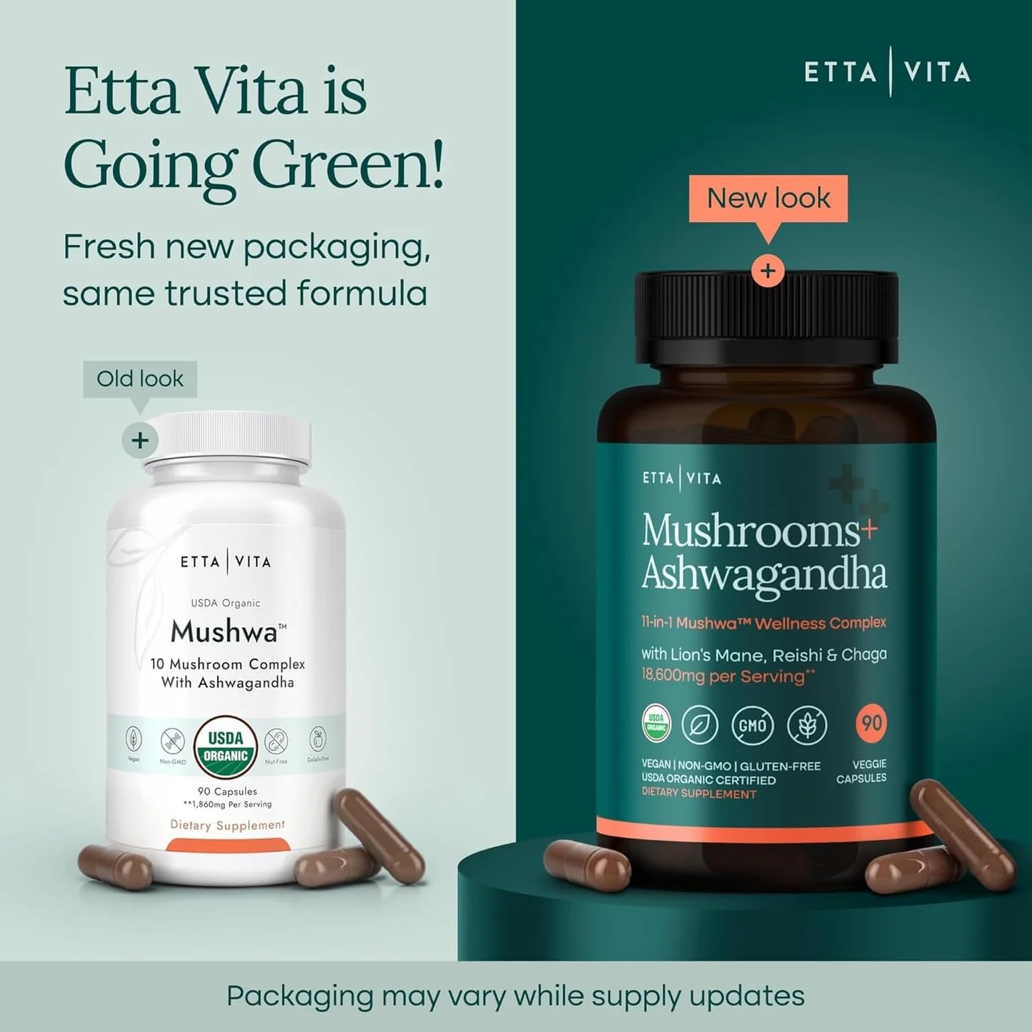 Etta Vita Ten-in-One mushroom power capsules for daily energy.