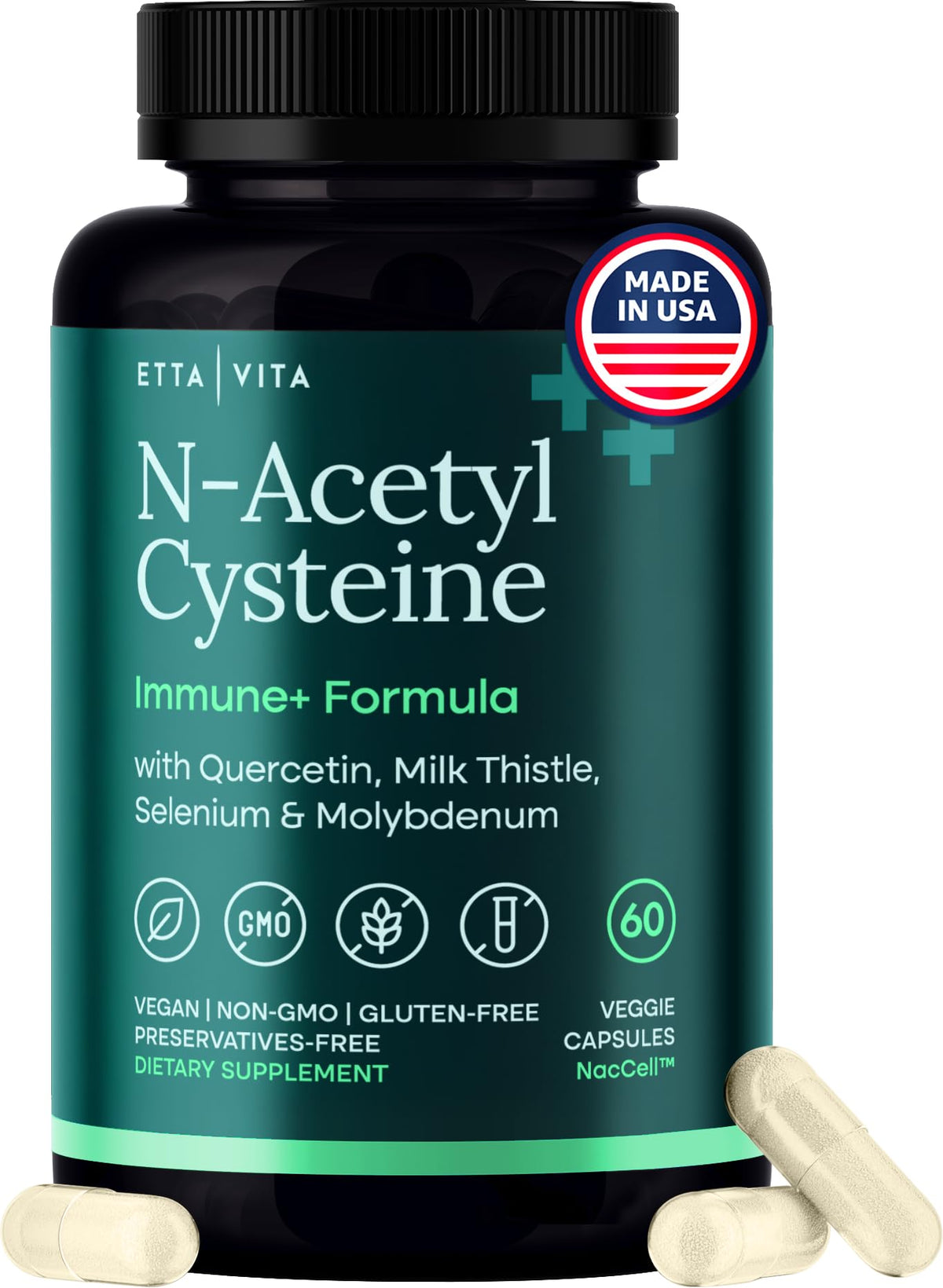 Etta Vita vegan NAC 600mg bottle shows plant-based detox support.