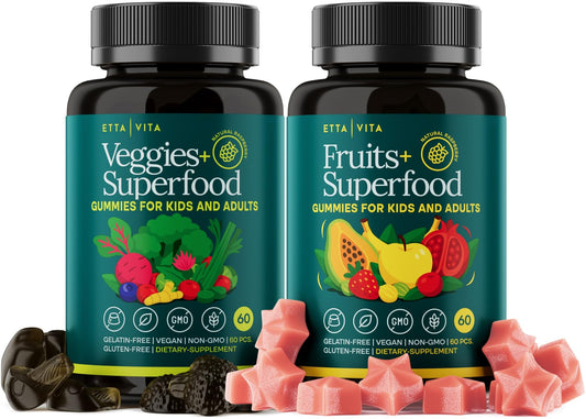 Etta Vita 120 Chews bottle with colorful fruits and veggies gummies for daily nutrition.