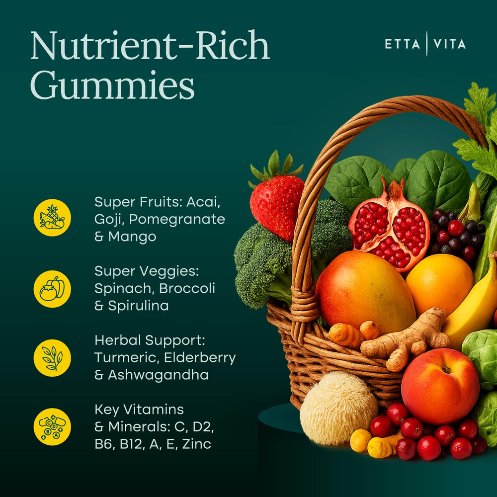 Etta Vita gluten-free vegan-friendly gummies in a colorful bottle.
