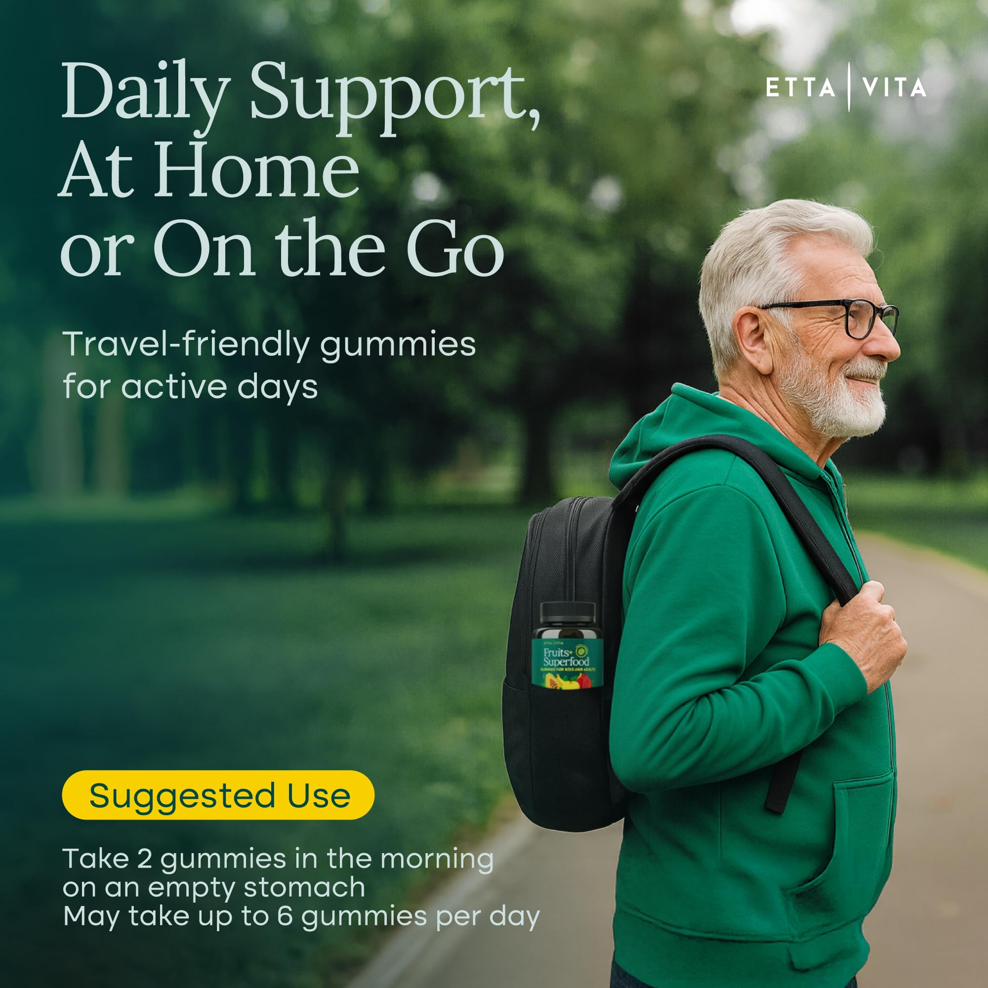Etta Vita immunity and energy support gummies held for everyday wellness.